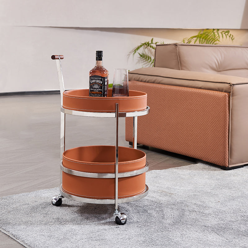 Rolling Round Elegant Saddle Leather Solid Wood End Table - Creative Multifunction Tea Trolley For Living Room