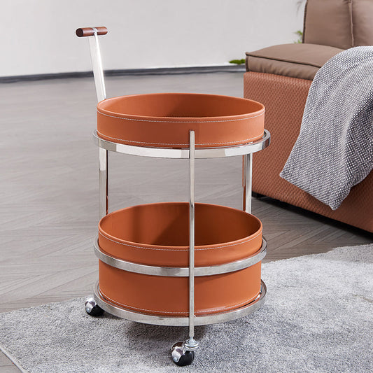 Rolling Round Elegant Saddle Leather Solid Wood End Table - Creative Multifunction Tea Trolley For Living Room