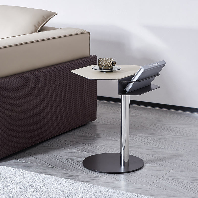 Geometric Round Saddle Leather End Table - Creative Side Table With Storage Shelf For Living Room