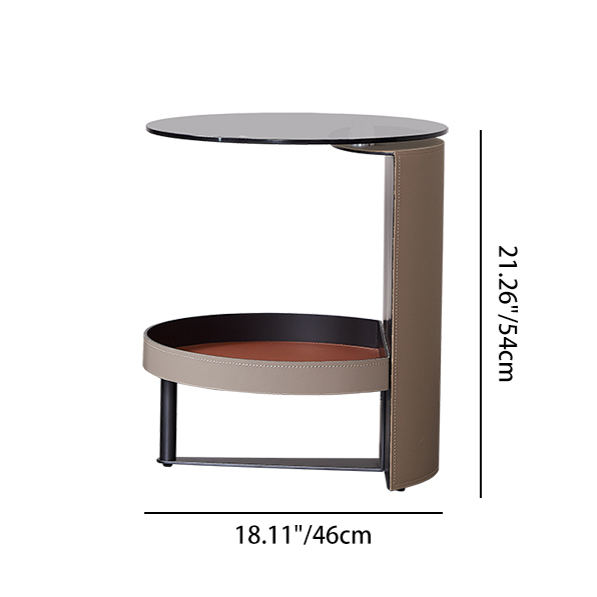 Round Tempered Glass Saddle Leather End Table - Luxury Elegant Side Table For Living Room