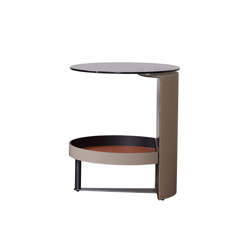 Round Tempered Glass Saddle Leather End Table - Luxury Elegant Side Table For Living Room