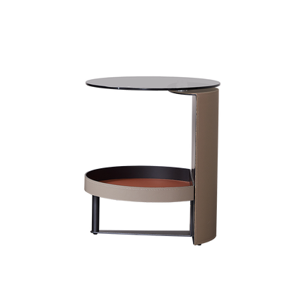 Round Tempered Glass Saddle Leather End Table - Luxury Elegant Side Table For Living Room