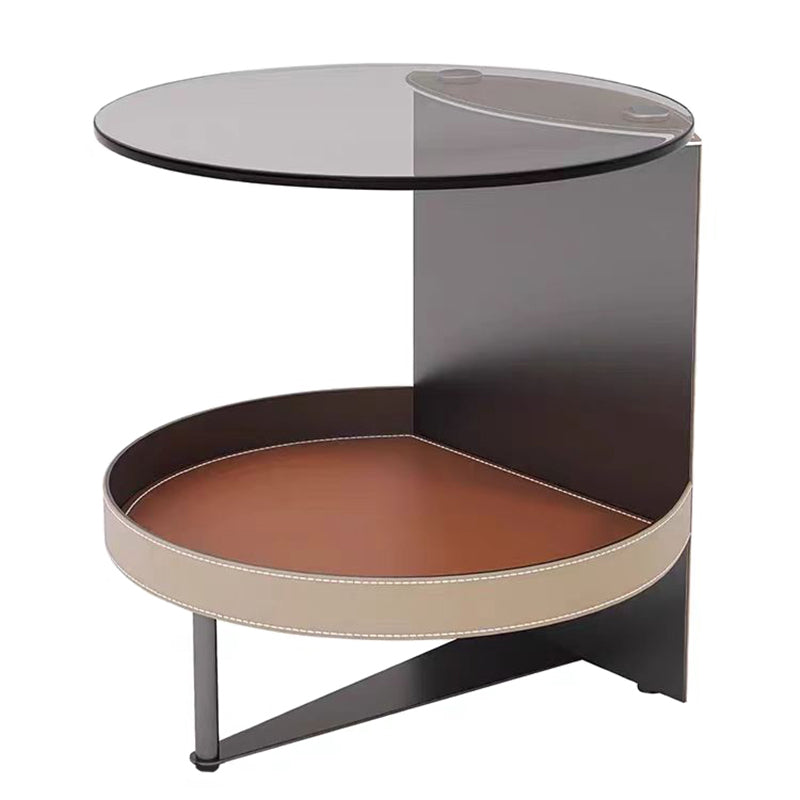 Round Tempered Glass Saddle Leather End Table - Luxury Elegant Side Table For Living Room