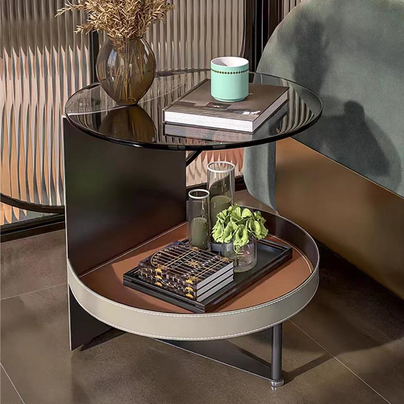 Round Tempered Glass Saddle Leather End Table - Luxury Elegant Side Table For Living Room