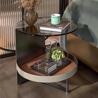 Round Tempered Glass Saddle Leather End Table - Luxury Elegant Side Table For Living Room