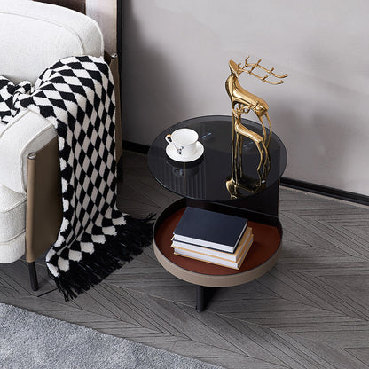 Round Tempered Glass Saddle Leather End Table - Luxury Elegant Side Table For Living Room