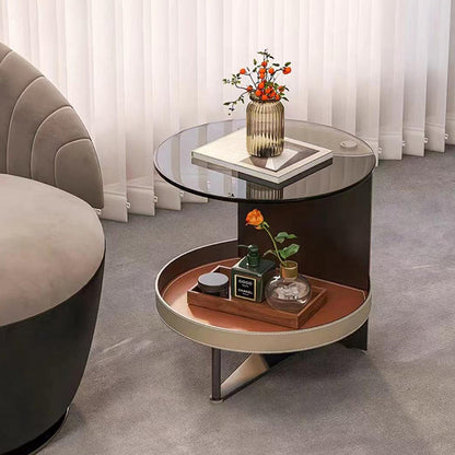 Round Tempered Glass Saddle Leather End Table - Luxury Elegant Side Table For Living Room