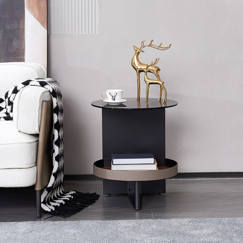 Round Tempered Glass Saddle Leather End Table - Luxury Elegant Side Table For Living Room