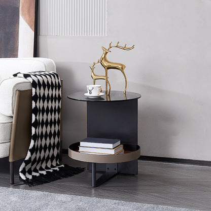 Round Tempered Glass Saddle Leather End Table - Luxury Elegant Side Table For Living Room