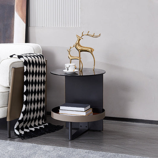 Round Tempered Glass Saddle Leather End Table - Luxury Elegant Side Table For Living Room
