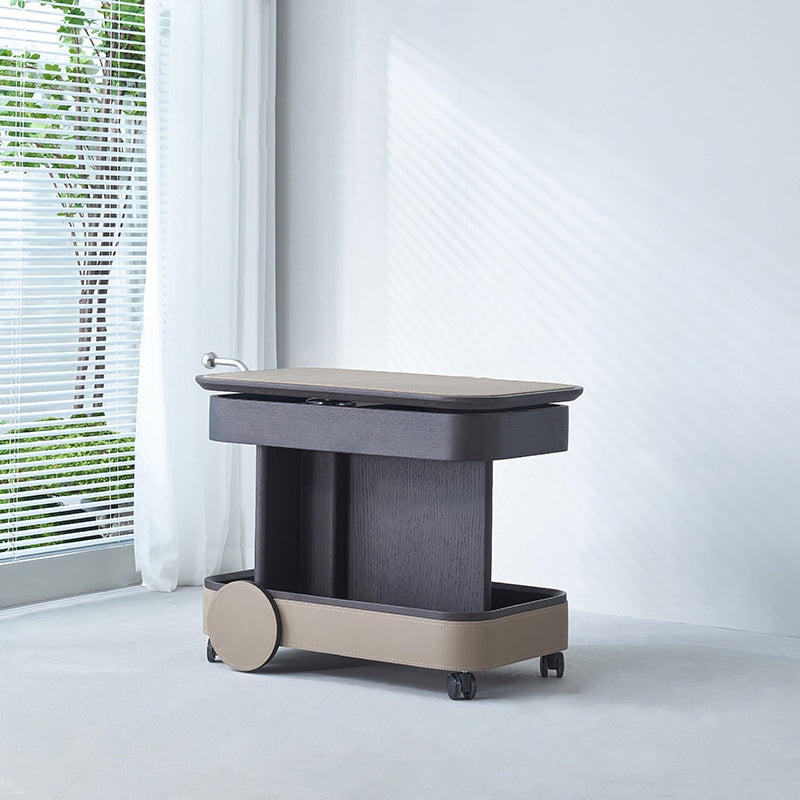 Rolling Adjustable Swivel Table Top Saddle Leather Side Table - Creative Multi-Tier Storage Trolley For Living Room