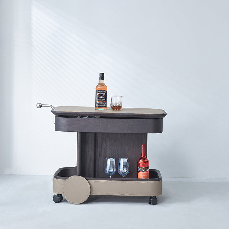 Rolling Adjustable Swivel Table Top Saddle Leather Side Table - Creative Multi-Tier Storage Trolley For Living Room