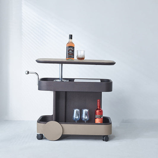 Rolling Adjustable Swivel Table Top Saddle Leather Side Table - Creative Multi-Tier Storage Trolley For Living Room