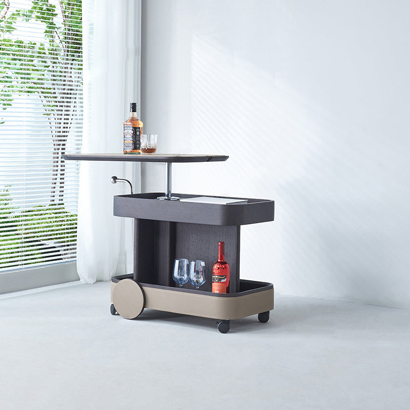Rolling Adjustable Swivel Table Top Saddle Leather Side Table - Creative Multi-Tier Storage Trolley For Living Room