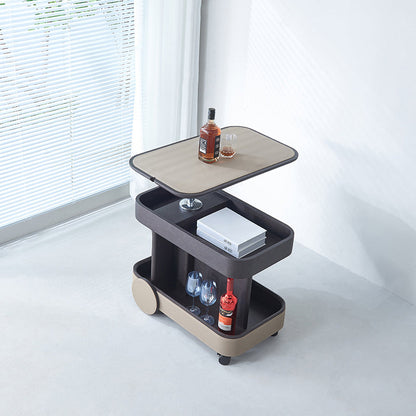 Rolling Adjustable Swivel Table Top Saddle Leather Side Table - Creative Multi-Tier Storage Trolley For Living Room