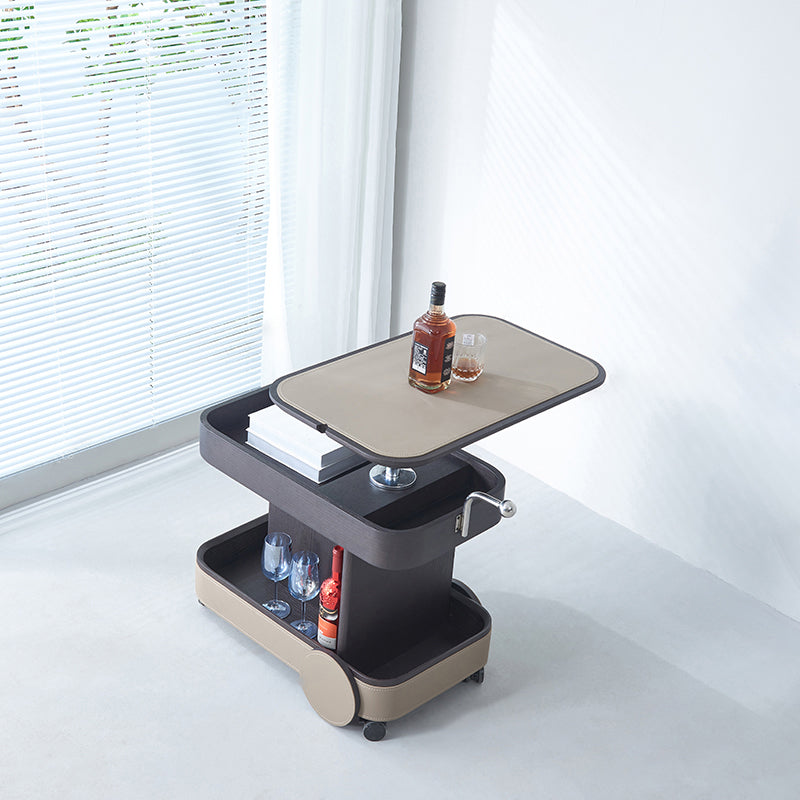 Rolling Adjustable Swivel Table Top Saddle Leather Side Table - Creative Multi-Tier Storage Trolley For Living Room