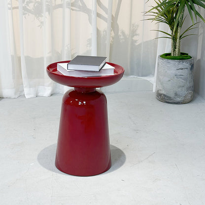 Sculptural Round Fiberglass End Table - Scandinavian Glossy Red Side Table For Living Room