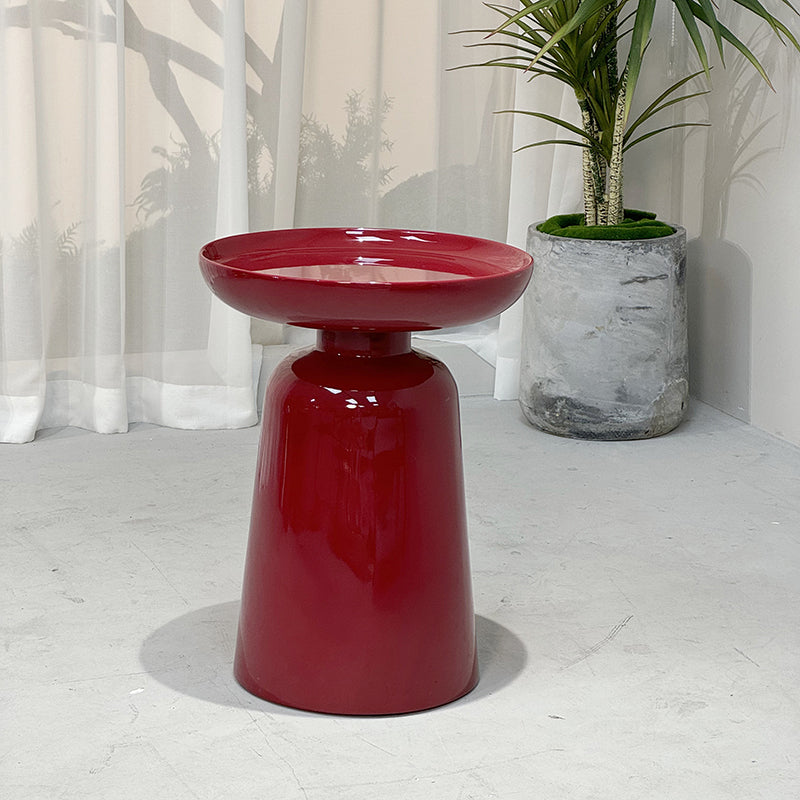 Sculptural Round Fiberglass End Table - Scandinavian Glossy Red Side Table For Living Room