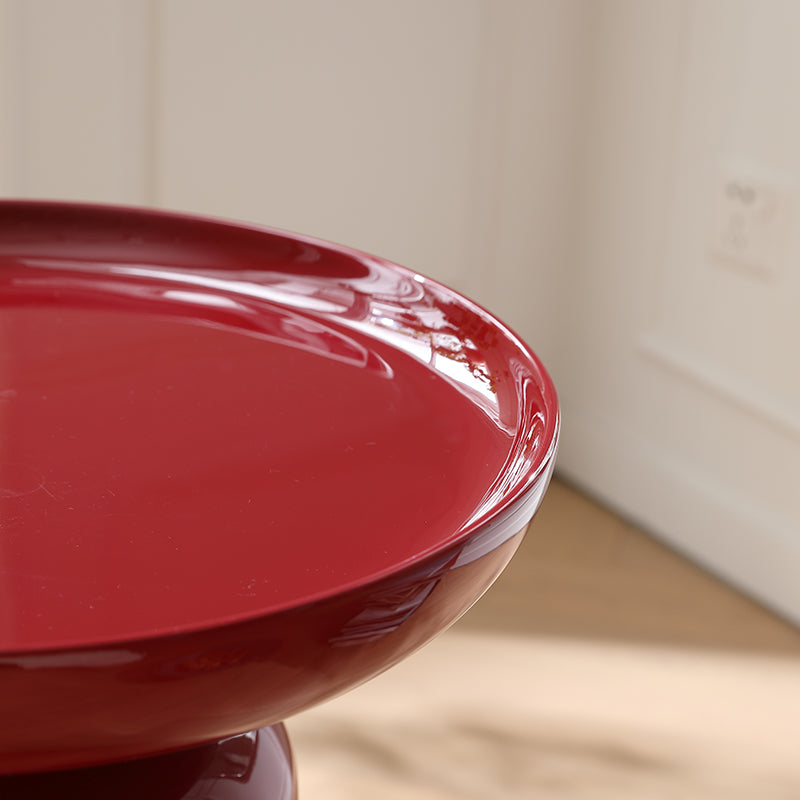 Sculptural Round Fiberglass End Table - Scandinavian Glossy Red Side Table For Living Room