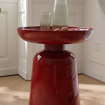 Sculptural Round Fiberglass End Table - Scandinavian Glossy Red Side Table For Living Room