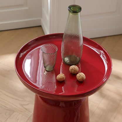 Sculptural Round Fiberglass End Table - Scandinavian Glossy Red Side Table For Living Room