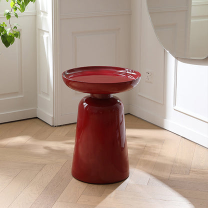 Sculptural Round Fiberglass End Table - Scandinavian Glossy Red Side Table For Living Room