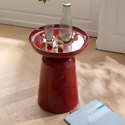 Sculptural Round Fiberglass End Table - Scandinavian Glossy Red Side Table For Living Room
