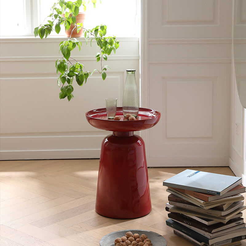Sculptural Round Fiberglass End Table - Scandinavian Glossy Red Side Table For Living Room