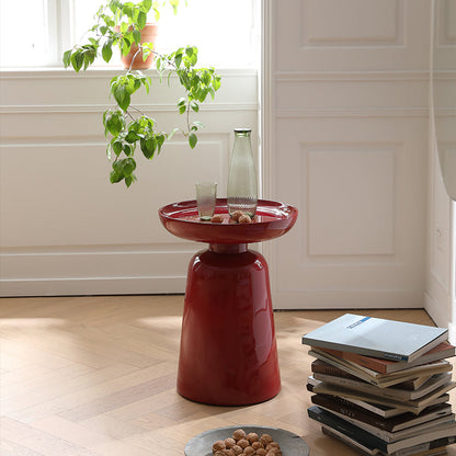 Sculptural Round Fiberglass End Table - Scandinavian Glossy Red Side Table For Living Room