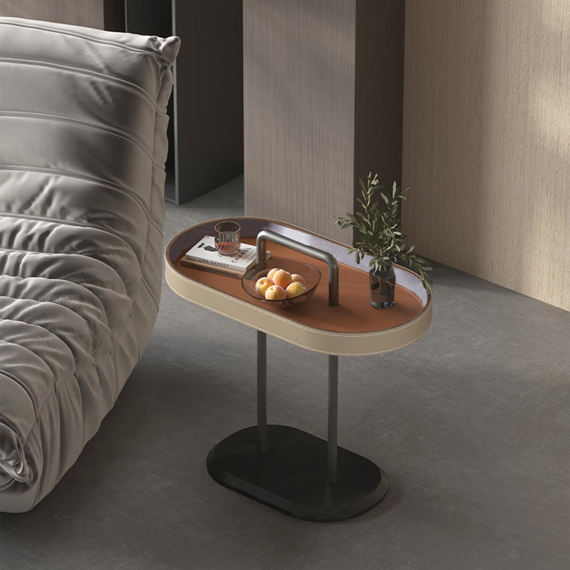 Elegant Oval Saddle Leather Marble End Table - Nordic Sofa Side Table For Living Room