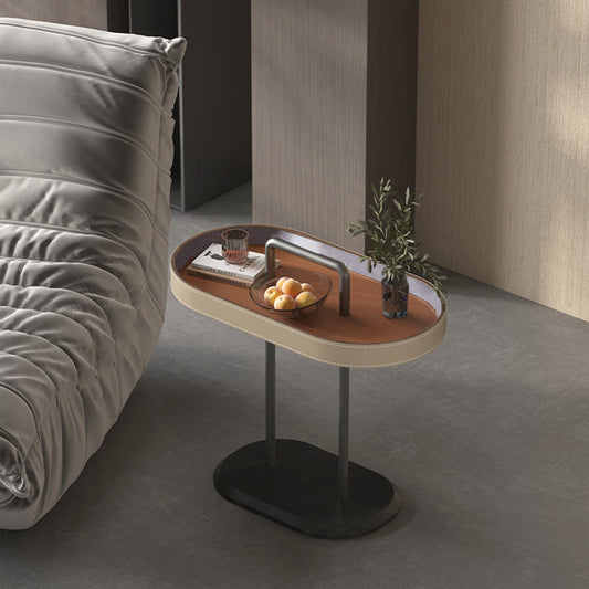 Elegant Oval Saddle Leather Marble End Table - Nordic Sofa Side Table For Living Room