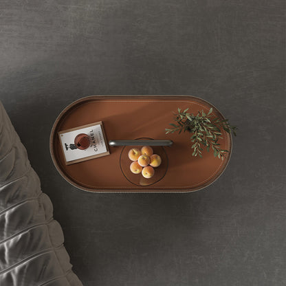 Elegant Oval Saddle Leather Marble End Table - Nordic Sofa Side Table For Living Room