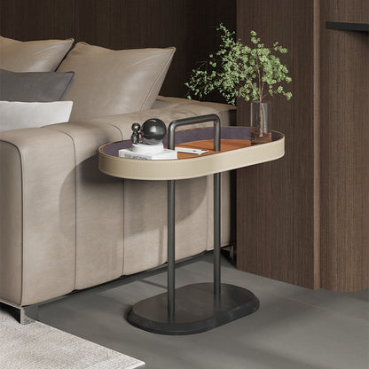 Elegant Oval Saddle Leather Marble End Table - Nordic Sofa Side Table For Living Room
