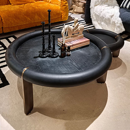 Round Black Oak Coffee Table With Brushed Brass Stainless Steel Legs - Vintage Low Accent Table For Living Room