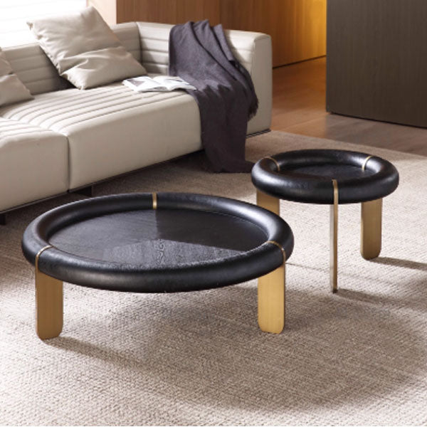 Round Black Oak Coffee Table With Brushed Brass Stainless Steel Legs - Vintage Low Accent Table For Living Room