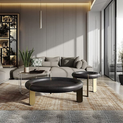 Round Black Oak Coffee Table With Brushed Brass Stainless Steel Legs - Vintage Low Accent Table For Living Room