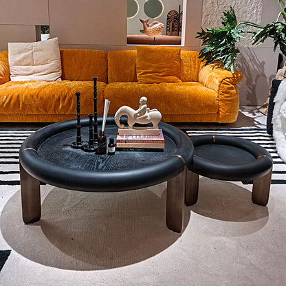 Round Black Oak Coffee Table With Brushed Brass Stainless Steel Legs - Vintage Low Accent Table For Living Room