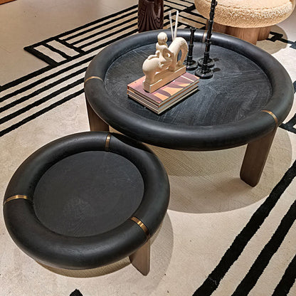Round Black Oak Coffee Table With Brushed Brass Stainless Steel Legs - Vintage Low Accent Table For Living Room