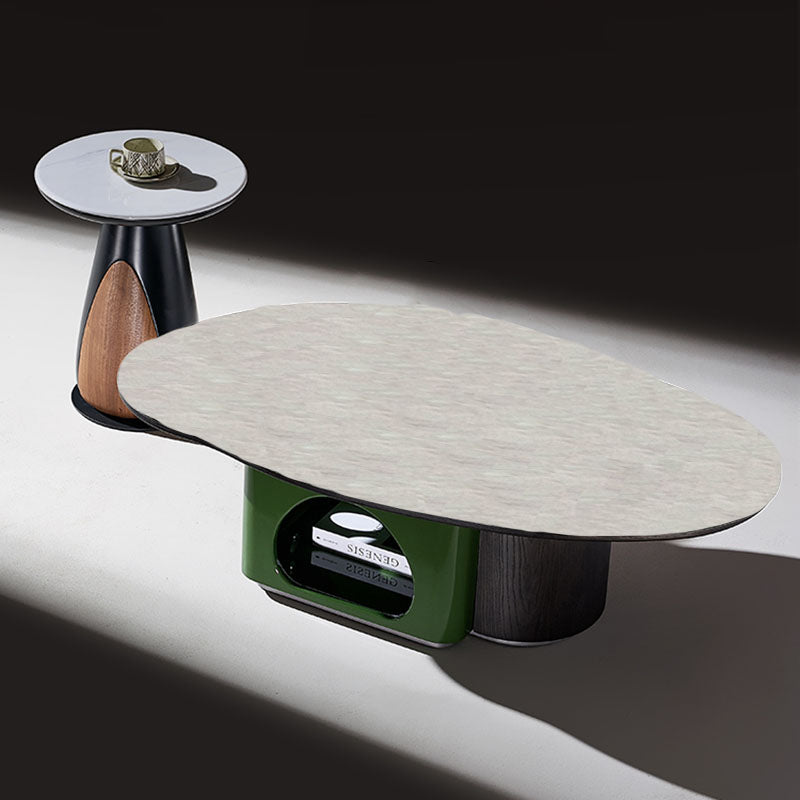 Oval Shape Sintered Stone Solid Wood Coffee Table - Scandinavian Unique Hollow Base End Table For Living Room