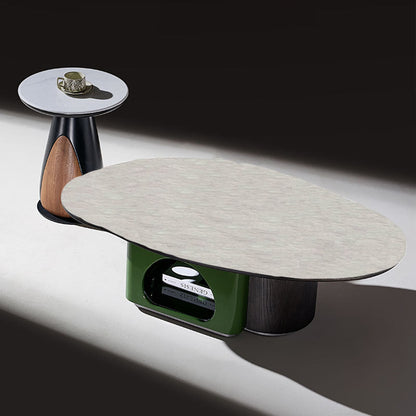 Oval Shape Sintered Stone Solid Wood Coffee Table - Scandinavian Unique Hollow Base End Table For Living Room