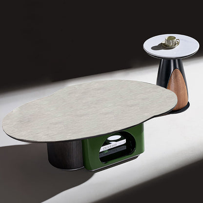Oval Shape Sintered Stone Solid Wood Coffee Table - Scandinavian Unique Hollow Base End Table For Living Room