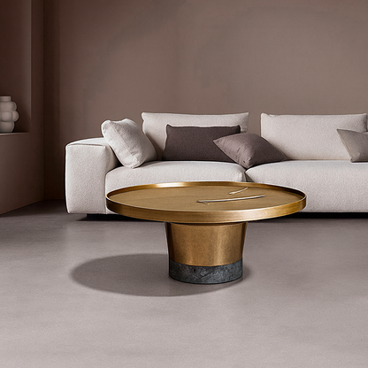 Round Sculptural Natural Marble Bronze Metal Coffee Table - Nordic Combination Accent Table For Living Room