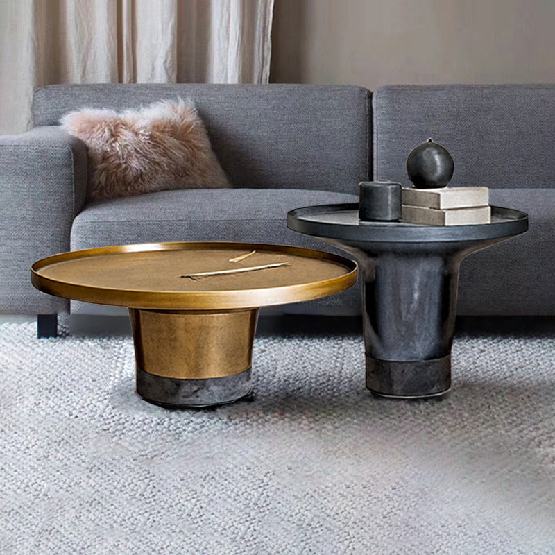 Round Sculptural Natural Marble Bronze Metal Coffee Table - Nordic Combination Accent Table For Living Room