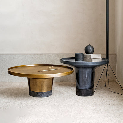 Round Sculptural Natural Marble Bronze Metal Coffee Table - Nordic Combination Accent Table For Living Room