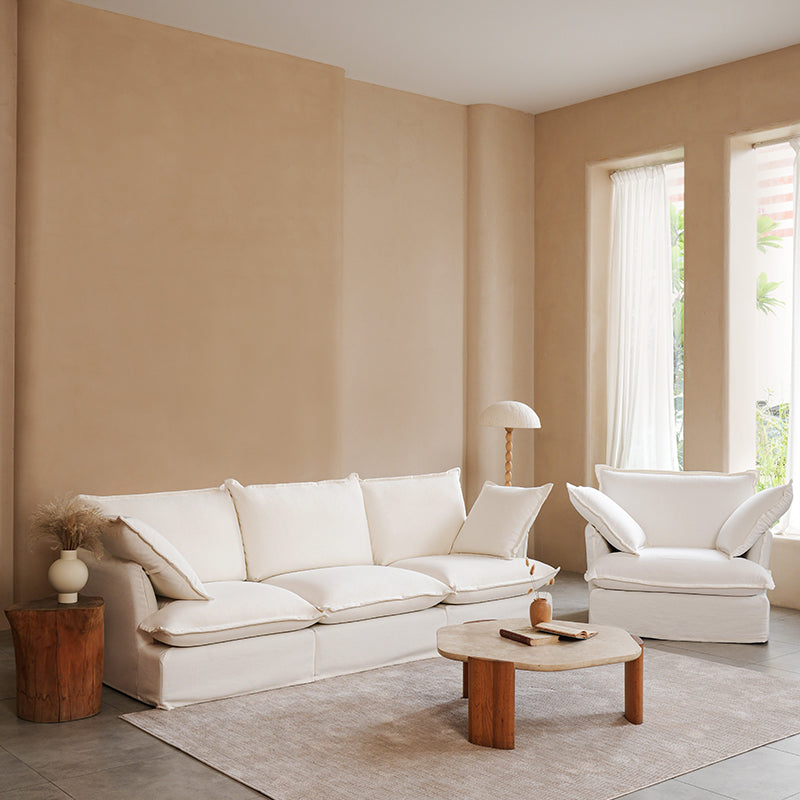 Pearl White Birch Wood Sofa – Minimalist Pillow-Style Settee Bench With 2/3 Seater for Living Room