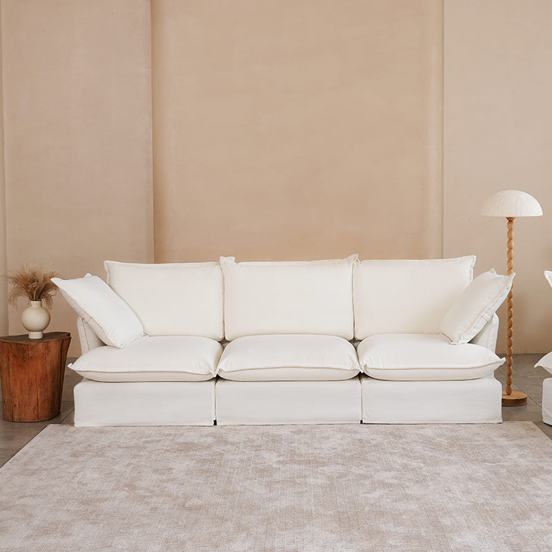 Pearl White Birch Wood Sofa – Minimalist Pillow-Style Settee Bench With 2/3 Seater for Living Room