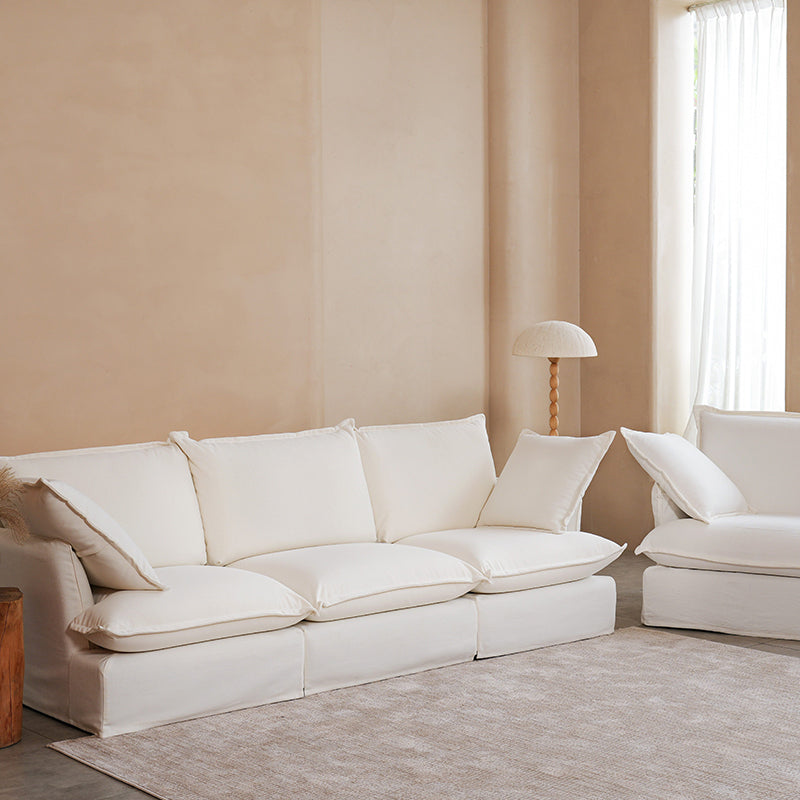 Pearl White Birch Wood Sofa – Minimalist Pillow-Style Settee Bench With 2/3 Seater for Living Room