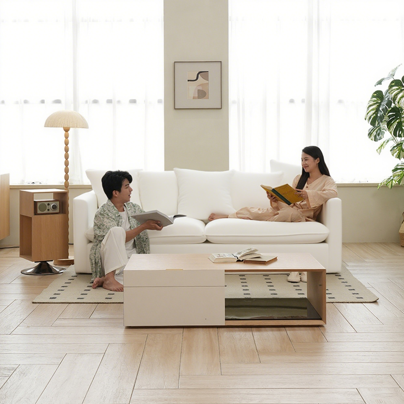 Moonlight White Linen Birch Wood Sofa - French Pure Soft-Touch Lounge Sofa With 3/4 Seater For Living Room