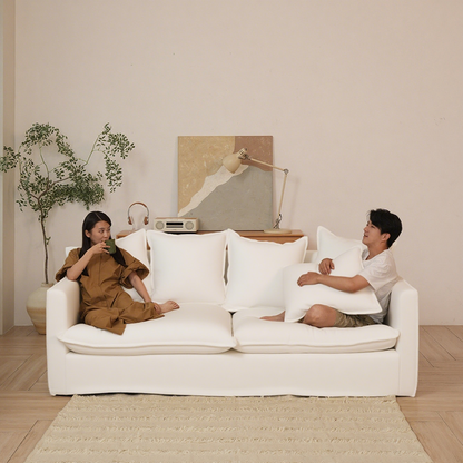 Moonlight White Linen Birch Wood Sofa - French Pure Soft-Touch Lounge Sofa With 3/4 Seater For Living Room