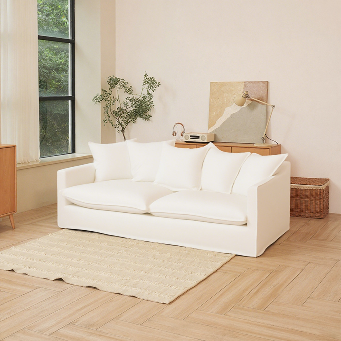 Moonlight White Linen Birch Wood Sofa - French Pure Soft-Touch Lounge Sofa With 3/4 Seater For Living Room